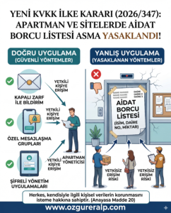 KVKK İlke Kararı 2026/348 uyarınca apartman ve sitelerde aidat borç listesi asma yasağına ilişkin doğru ve yanlış uygulama infografiği.