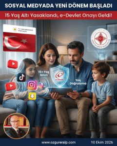 10 Ekim 2026 tarihli Resmî Gazete yönetmeliğiyle sosyal medyada 15 yaş altı yasağı ve e-Devlet yaş doğrulama belirteci sistemi grafik özeti